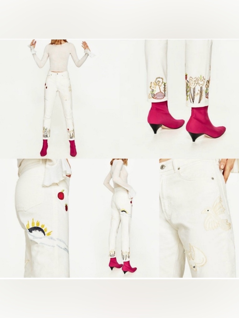 NWT! Zara Vintage High Waist Straight Leg Jeans White Multi Color Embroidery 4 - Picture 13 of 13